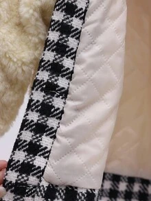Young Girl Patchwork Houndstooth Long Sleeve Fleece Beige Jacket, Autumn/Winter - Beige - View 6
