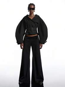 LYSMO 2025新款极简主义秋季女式黑色时尚夸张设计超大连帽长袖夹克飞行员夹克，适合万圣节装扮、商务休闲、返校季、Y2K风格、街头哥特风披风等场合，温暖舒适，适合秋冬季穿着。 - 黑色 - 查看 4