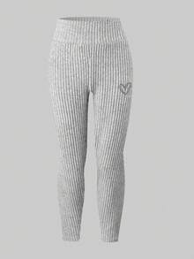 Sparklyn Tween Girl 3pcs Embroidery Heart Pattern High Waist Rib-Knit Leggings Fall Winter