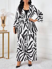SHEIN Lady 女士时尚休闲斑马纹上衣和裤子两件套 - 黑與白 - 查看 6