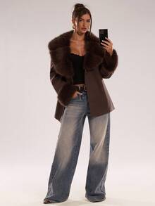 SHEIN BAE Women's Fashionable Faux Fur Patchwork Blended Overcoat, Fall/Winter Style Elegant Blended Overcoat, Perfect For Casual Outings, Dates, And Leisure Occasions Brown Coat Outerwear Women,Winter Clothes For Women - Coffee Brown - View 4