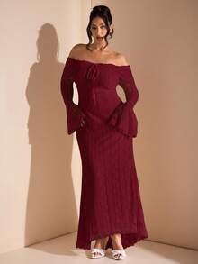 SHEIN BAE 女士优雅露肩白色蕾丝长袖超长美人鱼裙，适合婚礼、派对、伴娘服、白色毕业礼服 - 酒紅色 - 查看 7