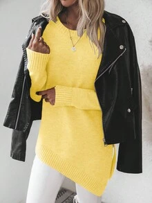 EMERY ROSE Lässiger einfarbiger Pullover mit asymmetrischem Saum und Seitenschlitz, Herbst/Winter - Gelb - Übersicht 7