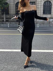 DAZY Váy ren hở vai chắp vá eo mùa thu cho nữ - màu đen - Xem 6