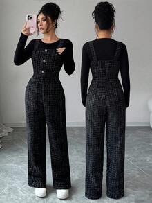 Elenzga Damen Lässige Latzhose mit quadratischem Kragen, ärmelos, dickes Karomuster, Knopfverschluss vorne, gerade Beine, geeignet für Halloween, Weihnachten, Neujahr, Thanksgiving, Arbeit, Abschlusszeit - Schwarz - Übersicht 1