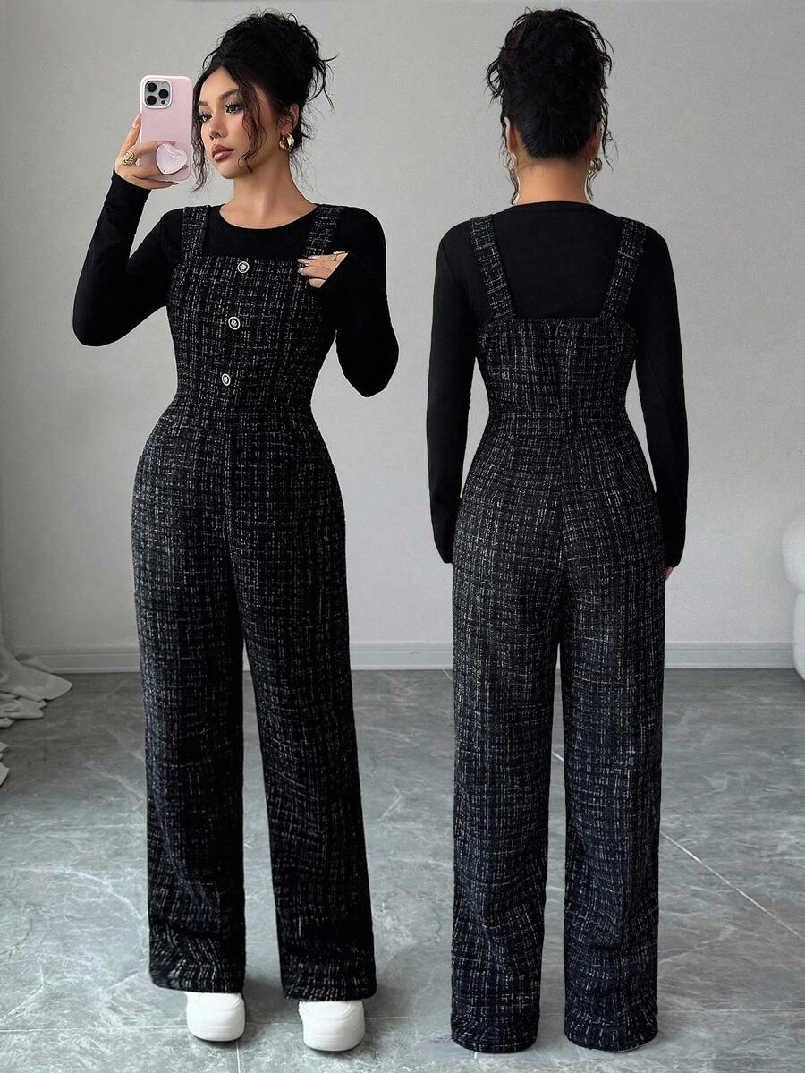 Elenzga Damen Lässige Latzhose mit quadratischem Kragen, ärmelos, dickes Karomuster, Knopfverschluss vorne, gerade Beine, geeignet für Halloween, Weihnachten, Neujahr, Thanksgiving, Arbeit, Abschlusszeit - Schwarz - Übersicht 1
