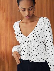Lumivelle Women's V-Neck Ruffle Patchwork Elegant Polka Dot Long Sleeve Cinched Waist Commuter Blouse - White - View 7