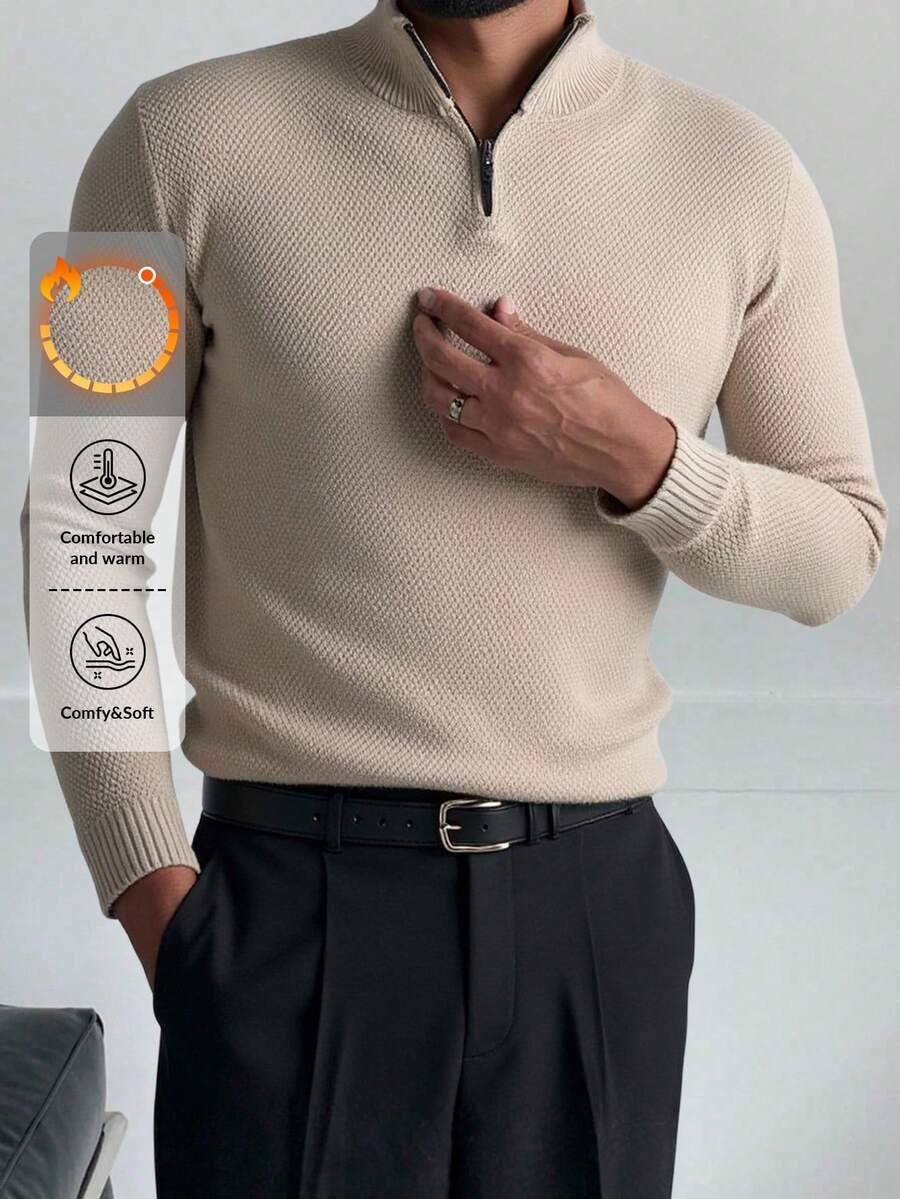 EURMUSE Men Textured Half Zipper Casual AW Regular Sweater - Camel - View 1
