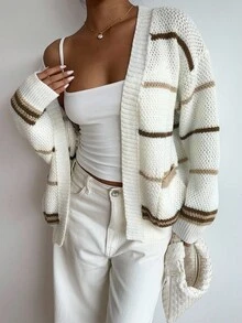 Flirla Áo khoác cardigan họa tiết sọc thường ngày dành cho nữ, Thu/Đông - Nhiều màu - Xem 4