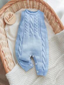 SHEIN 男婴休闲圆领麻花针织连体裤，秋季 - 淺藍色 - 查看 5