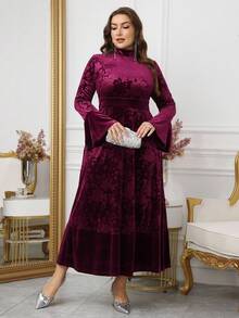 Modelyn Plus Size Women Velvet Embossed Flared Sleeve A-Line Dress, Elegant Party Evening Gown, Autumn/Winter - Red - View 5