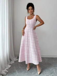 Elenzga 女士优雅 U 领无袖中长连衣裙，收腰设计，花卉提花面料，珍珠纽扣装饰，适合春秋季节 - 淺粉色 - 查看 7