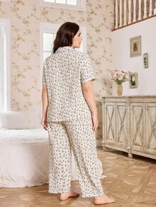 CottageSlumber Plus Size Ditsy Floral Ruffle Collar Open Front Pajama Set - Multicolor - View 3