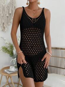 SHEIN Swim Hollow Out Split Hem Cover Up Dress Without Bikini,Summer Beach - Black - View 3