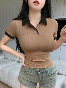 DAZY Women's Plain Color Block Button Front Short Sleeve Casual Top, Minimalist Style For Daily Wear Summer,Crop Tops Women Preppy Tops - Camel - View 4