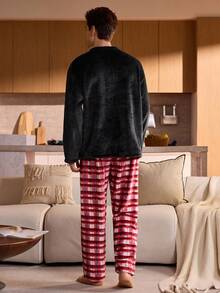 Men's Plaid Pocket Long Sleeve Top & Pants Pajama Set, Fall/Winter Clothes, Christmas, Fluffy, Cozy - Black - View 2