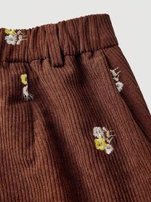 SHEIN MOD 复古70年代灯芯绒刺绣长裤——舒适穿着，秋冬装，Y2K，约会装，学院风，返校装和办公室装 - 鏽棕色 - 查看 4