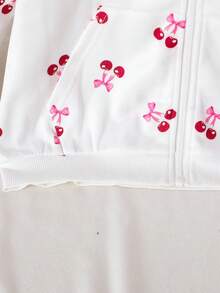 青少年女孩休闲百搭百搭甜美可爱樱桃图案连帽宽松口袋拉链夹克运动衫，秋冬秋季 - 白色 - 查看 5