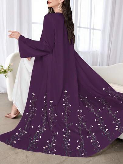 SHEIN Najma Women's Floral Print Purple Casual Long Sleeve Arabic Abaya Robe, Spring/Autumn