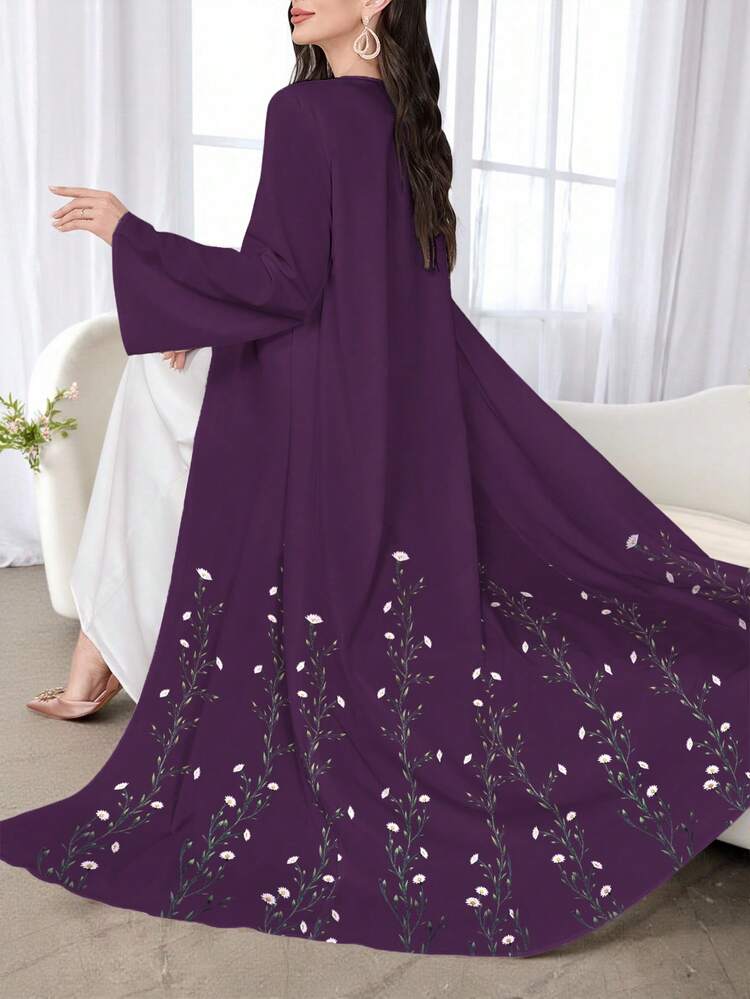 SHEIN Najma Women's Floral Print Purple Casual Long Sleeve Arabic Abaya Robe, Spring/Autumn - Multicolor - View 1