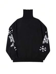 Manfinity Roghcode Men's Casual Skull & Snowflake Pattern Turtleneck Long Sleeve Sweater, Autumn/Winter Christmas - Black - View 2