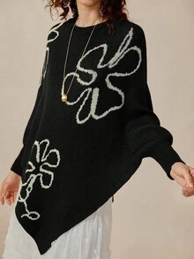 Florisole 女式花卉图案不对称下摆圆领蝙蝠袖长袖毛衣，秋冬款 - 黑色 - 查看 3