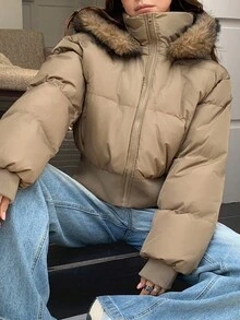 DAZY 女士休闲毛领连帽棉服外套，秋冬夹克 - 咖啡棕 - 查看 7