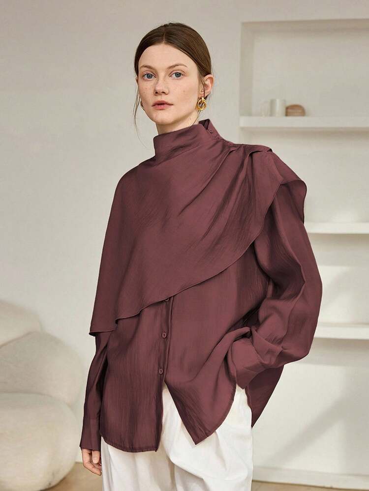 Women's Loose Chiffon Blouse, Casual Business Office Wear, Long Sleeve, Shawl Collar, Suitable For Spring, Summer, Autumn