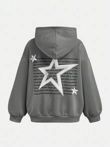 SHEIN Tween Boys 宽松休闲街头灰色超宽松落肩后背字母星星印花连帽拉链运动衫夹克 - 深灰色 - 查看 11