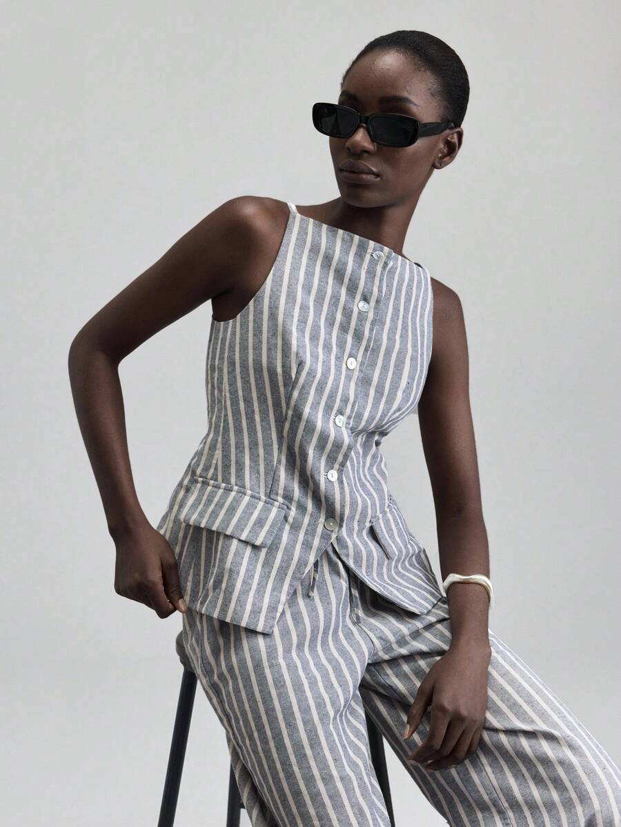 Ontre 2 件套女士亚麻混纺条纹无袖上衣休闲裤套装，灰色，度假风格，2025 年新款，适合日常穿着和商务休闲 - 灰色 - 查看 1