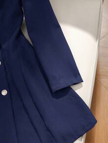 SHEIN Clasi Áo khoác blazer công sở thanh lịch, cổ ve áo trơn màu tay dài, hai hàng khuy, trang phục thu đông cho nữ - Màu xanh hải quân - Xem 4