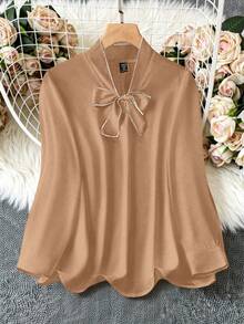 SHEIN Clasi 大码女式领结设计纯色长袖时尚办公室衬衫 - 棕色 - 查看 1