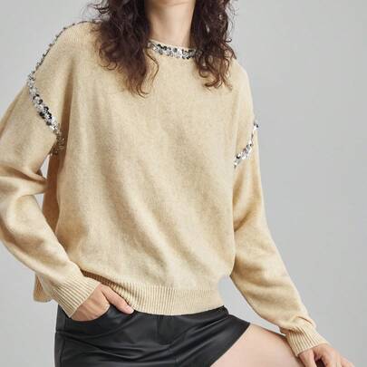 모던 어반 스타일, 울 블렌드 소재, 살구색, 라운드 넥, 긴 소매, 진주 장식 칼라, 베이직 디자인, 오버사이즈 핏, 여성용 루즈핏 가을 스웨터, 캐주얼 웨어, 비즈니스 캐주얼, 도시 통근용 시퀸 패치워크 드롭 숄더 긴팔 스웨터