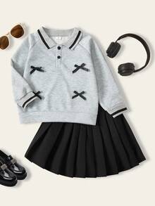 2pcs/Set Girls Casual Outfit, Bow Polo Shirt And Black Pleated Skirt, School Style Fall Winter