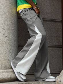 PAVTROS 撞色拼接宽松高腰阔腿牛仔裤，修身显瘦，适合所有季节 - 灰色 - 查看 3