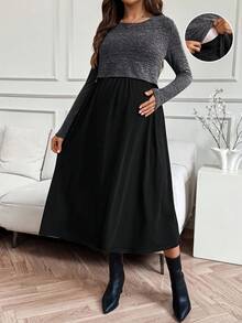 SHEIN Đầm cho con bú cổ tròn tay dài màu tương phản dành cho bà bầu - màu đen - Xem 4