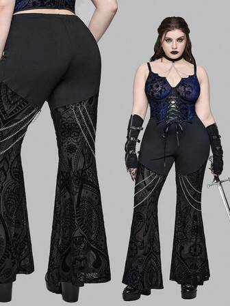 EDITION Pantaloni a zampa di donna taglie forti in stile gotico, con patchwork in rete e velluto, decorati con catene metalliche