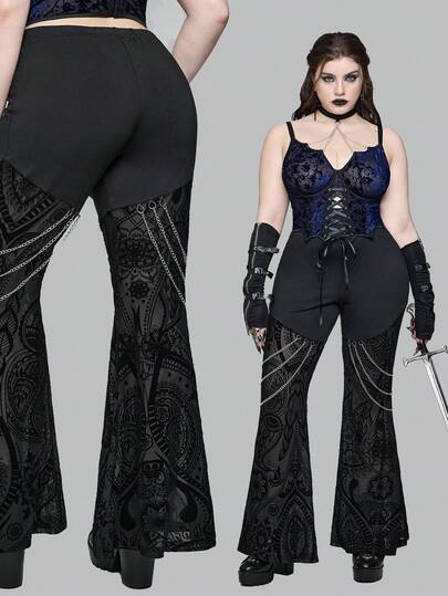 EDITION بنطلون واسع للنساء بطراز جوثيك مزخرف بالشبك والقطع اللاصقة مع سلسلة معدنية للزينة