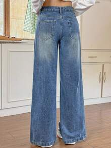 Rivivi Women's Casual Distressed Washed Slant Pocket Wide Leg Jeans, Autumn - Blue - View 2