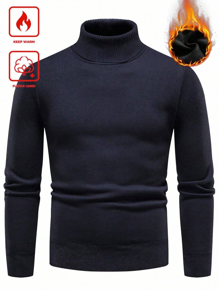 Calvornis Men's Thermal Lined Solid Color Turtleneck Pleated Long Sleeve Sweater, Fashionable For Autumn/Winter - Navy Blue - View 1