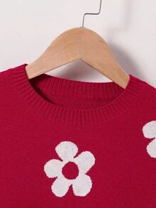 Sparklyn Áo len đỏ thời trang cho bé gái tuổi teen, Áo chui đầu dệt kim jacquard họa tiết hoa hướng dương màu hồng, Áo len cổ tròn tay dài họa tiết hoa, Áo len ôm dáng mặc hàng ngày, Thích hợp cho Giáng sinh, Thu/Đông - Màu Đỏ Sâu - Xem 4