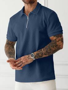 Manfinity Homme Men's Solid Color Half-Zip Casual Short Sleeve Polo Shirt, Summer Polo Shirt For Men Men Shirts Polo Polo T Shirt Men Polo Men Shirt - Dusty Blue - View 3