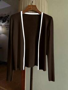 Lyxana Fashionable Minimalist Contrast Color Trim Cardigan, Versatile - Brown - View 4