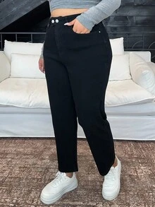 Dazy Plus Plus Size Women Dark Wash Slim Straight Leg Two-Button Jeans, Fashionable, Suitable For All Seasons - Black - View 6