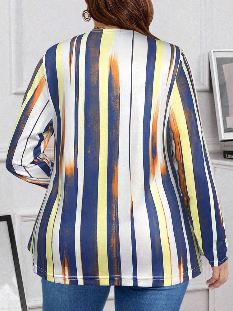 Plus Size Women's Spring/Summer 2 In 1 Striped Print Fall T-Shirt