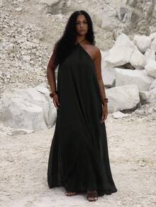 MUSERA 加大码露背飘逸长裙，可爱夏日度假优雅高贵场合假日装扮，性感曲线，派对狂欢长裙 - 黑色 - 查看 1