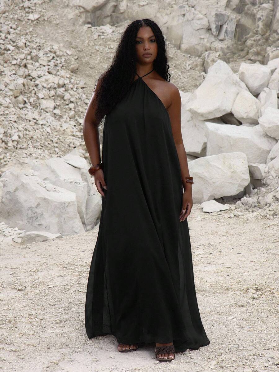MUSERA 加大码露背飘逸长裙，可爱夏日度假优雅高贵场合假日装扮，性感曲线，派对狂欢长裙 - 黑色 - 查看 1
