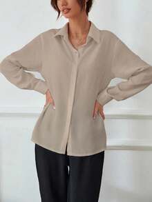 RosyDaze Women's Solid Color Drop Shoulder Long Sleeve Single-Breasted Casual/Work Shirt