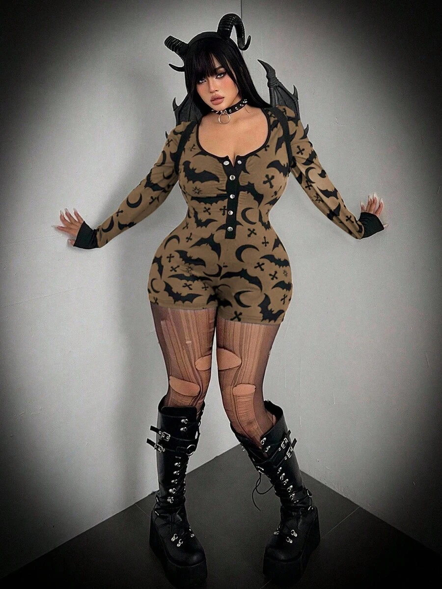 Whyspr Plus Size Dark Bat Print Crew Neck Long Sleeve Romper - Multicolor - View 1