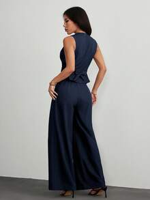 SHEIN PETITE 女士套装，优雅通勤装，藏蓝色女士无袖上衣搭配阔腿裤，优雅藏蓝色长裤，女士无袖阔腿裤 - 藏蓝色 - 查看 2